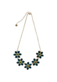 Zelta ķēdes kaklarota ar piecām ziedu formas akcentiem. Ziediem ir tēlaini zili ziedlapiņas ar zaļām centrālām akmeņiem. Gluda tekstūra, elegants dizains.
