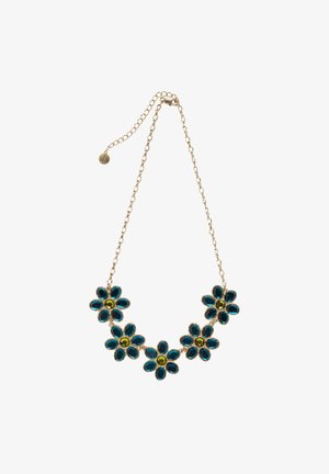 Collier en chaîne dorée mettant en avant cinq accents en forme de fleur. Les fleurs ont des pétales teal avec des pierres centrales vertes. Texture lisse, design élégant.