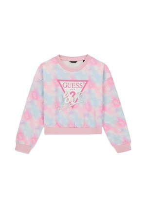 Klippt sweatshirt i pastellblått och rosa, med en upprepande logotypmönster, rosa ribbade muddar och en central grafisk triangel-logotyp.