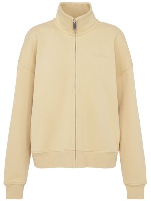 Beige zip-up sweatshirt with high collar, long sleeves, ribbed cuffs, and hem, featuring subtle logo embroidery on chest.
