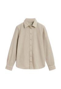 Beige overhemd met knoopjes, klassiek kraag, lange mouwen en rechte zoom; gemaakt van zachte stof met een gladde textuur en zonder patronen.