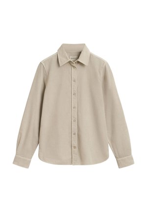 Beige knapp-up skjorta med klassisk krage, långa ärmar och rak nederkant; tillverkad av mjukt tyg med en slät textur och utan mönster.