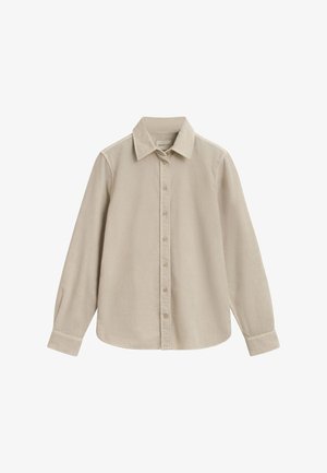 Chemise beige à boutons avec un col classique, des manches longues et un ourlet droit ; fabriquée en tissu doux avec une texture lisse et sans motifs.