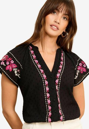 EMBROIDERED V NECK DOBBY - REGULAR FIT - Camicetta - black