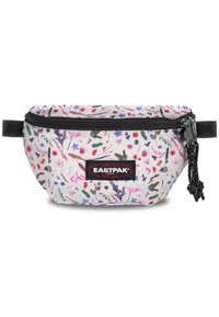 Ledvinka Eastpak v bílé tkanině s květinovým vzorem v růžové, fialové a zelené barvě. Má černý zip a logo nášivku, kompaktní design.