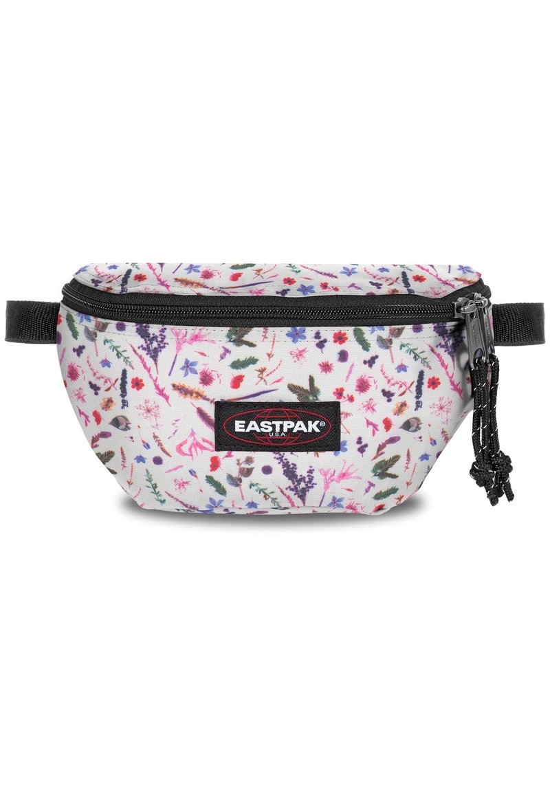 Ledvinka Eastpak v bílé tkanině s květinovým vzorem v růžové, fialové a zelené barvě. Má černý zip a logo nášivku, kompaktní design.