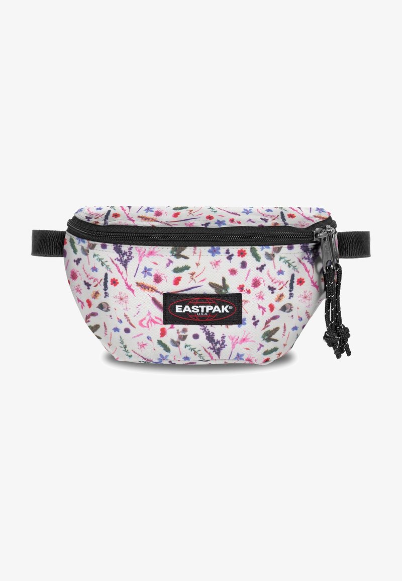 Ledvinka Eastpak v bílé tkanině s květinovým vzorem v růžové, fialové a zelené barvě. Má černý zip a logo nášivku, kompaktní design.
