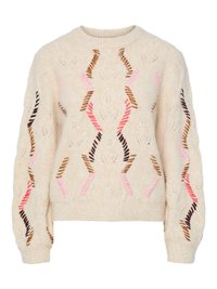Cremfarbener Pullover mit strukturiertem Strickmuster. Mit rosanen, braunen und kastanienbraunen Zickzacklinien. Rundhalsausschnitt und lange Ärmel.