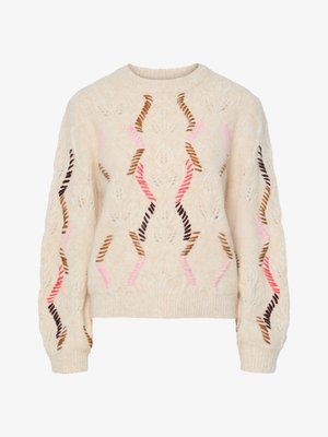 Krém színű pulóver, texturált kötött mintával. Rózsaszín, barna és bordó cikk-cakk vonalakkal díszítve. Kerek nyakú és hosszú ujjú.