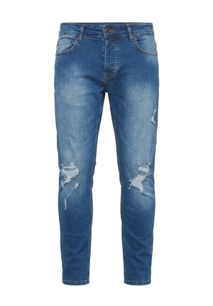 Blue slim-fit jeans with distress details on both legs, front button closure, and five-pocket styling.