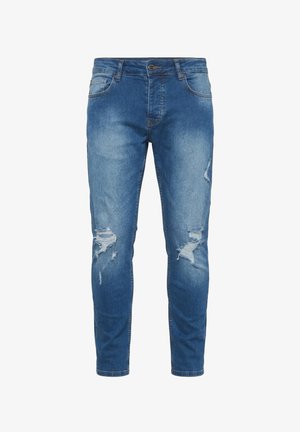 Blue slim-fit jeans with distress details on both legs, front button closure, and five-pocket styling.