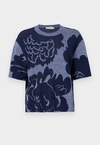Maglietta boxy a maglia in blu navy con motivo floreale oversize, maniche corte, scollatura rotonda e texture morbida.