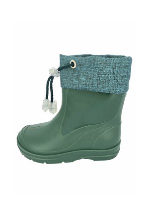 Grüner Gummiregenstiefel mit Stoffmanschette und verstellbarem Kordelverschluss oben, von der Seite gezeigt.