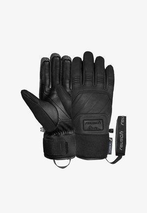 Black winter gloves featuring leather and textured fabric, quilted design, elastic wrist cuff, and a wrist strap with logo detail.