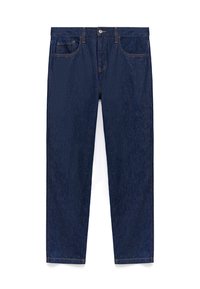 Granatowe dżinsy o prostym kroju, pięć kieszeni, kontrastowe przeszycia i zapięcie na guzik w talii.