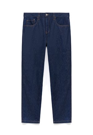 Donkerblauwe denim jeans met een rechte snit, vijf zakken, contrasterende stiksels en een knoopsluiting bij de taille.