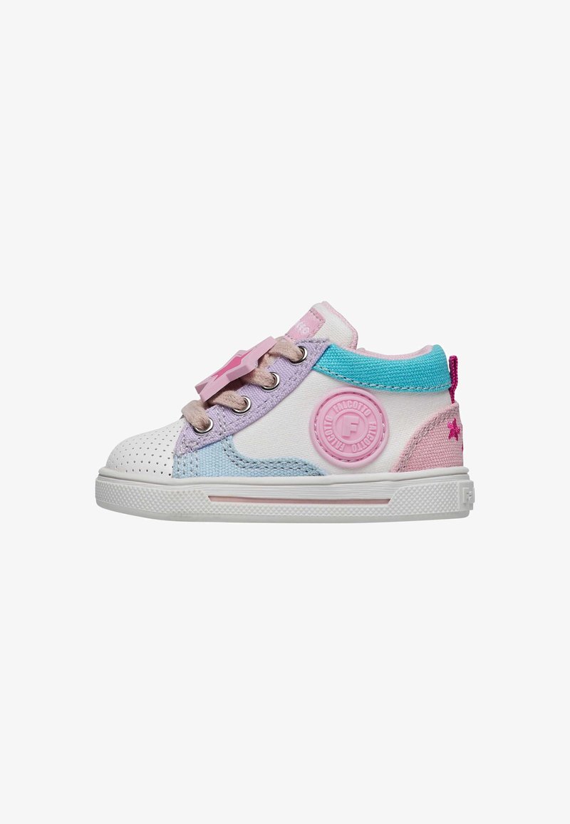 High-top children's sneaker in white, pink, and blue fabric. Features perforated toe, decorative patch, and color-blocked canvas design.