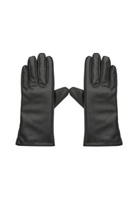 Gants en cuir noir avec une texture lisse, dotés de cinq doigts individuels et d'un ajustement serré, conçus pour la chaleur et la protection.