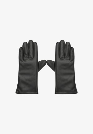 Gants en cuir noir avec une texture lisse, dotés de cinq doigts individuels et d'un ajustement serré, conçus pour la chaleur et la protection.