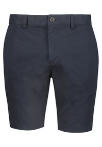 Marineblaue Chino-Shorts mit flachem Frontdesign, einem Knopfverschluss und Seitentaschen. Hergestellt aus glattem Baumwollstoff, knielange Ausführung.