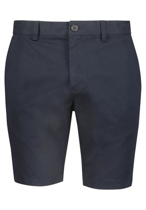 Pantalones cortos de chino azul marino con frente plano, cierre de un solo botón y bolsillos laterales. Confeccionados en suave tela de algodón, diseño hasta la rodilla.
