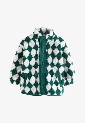 Roheline ja valge ruuduline fliisjakk, millel on krae, nööpkinnis ja küljetaskud. Tekstureeritud kangas, terve jope jääb ruudu-mustrisse.