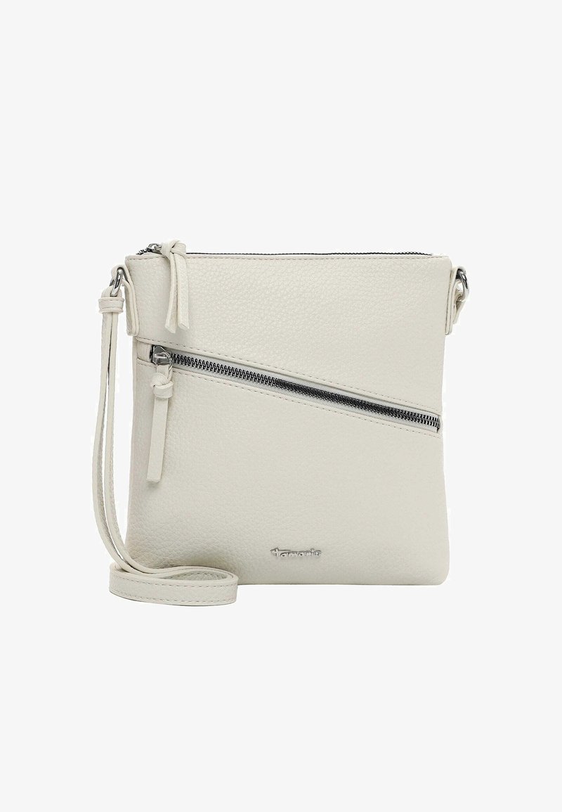 Borsa a tracolla bianca in pelle con superficie testurizzata, dotata di tasca con zip diagonale, hardware argentato e tracolla regolabile.