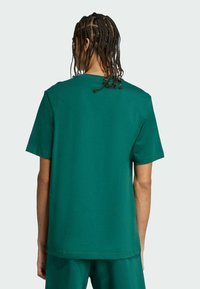 Zelené bavlnené tričko s krátkymi rukávmi, voľný strih, okrúhly výstrih. Minimalistický dizajn, jednoliata farba, hladká textúra, bez viditeľných vzorov.