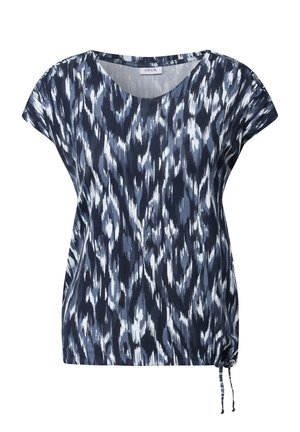Short-sleeve navy blue top with a swirling white and light blue pattern, featuring a scoop neckline and adjustable drawstring at the hem.