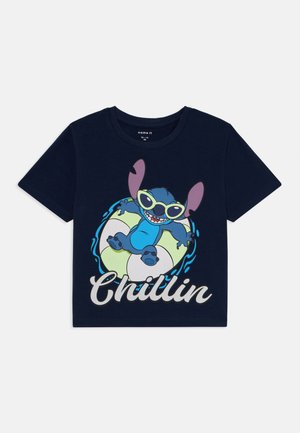 Navy blue short-sleeve t-shirt made of cotton featuring a cartoon character on a lifebuoy with "Chillin'" text in white below.