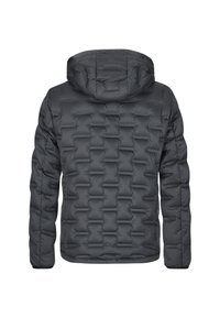 Dark gray puffer jacket with a quilted pattern, featuring a hood and elastic cuffs. Constructed from lightweight, insulated material.