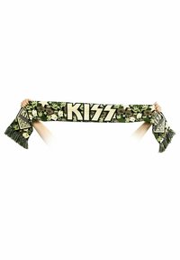 Écharpe KISS avec un motif camouflage, ornée de franges épaisses et d'une inscription "KISS" en lettres crème sur fond vert et noir.