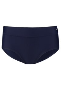 Námořnické modré plavky s vysokým pasem, vyrobené z hladkého, elastického materiálu, s malým logem na boku.