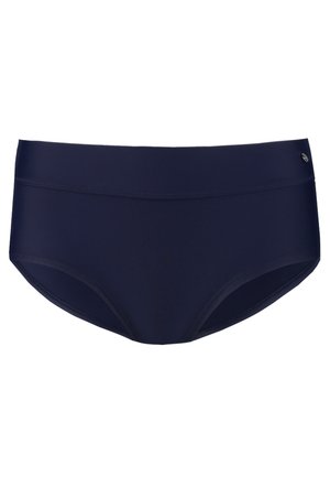 Marineblaue Schwimmslips mit hoch geschnittenem Design, hergestellt aus glattem, dehnbaren Stoff, der ein kleines Logo-Detail an der Seite aufweist.