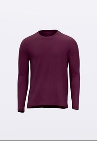 Bordová tričko s dlouhým rukávem a kulatým výstřihem, vyrobené z měkkého pleteného materiálu, s rovnou spodní linií a bez viditelných vzorů či akcentů.