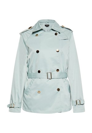 Trench coat azzurro chiaro realizzato in tessuto lucido. Design doppiopetto con bottoni dorati e cintura in vita. Presenta spalline e tasche laterali.