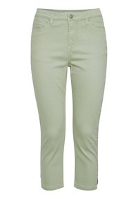 Pantalons cropped vert clair en tissu doux, avec une texture lisse, une taille standard et un design de poches traditionnel.