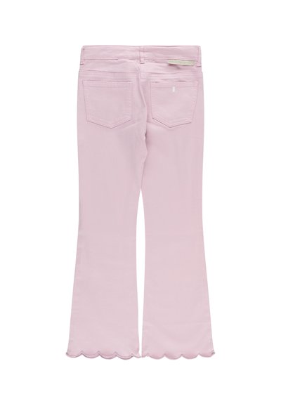 Jeans a campana rosa realizzati in un mix di cotone, con orlo scallop, due tasche posteriori e una vita a medio altezze.