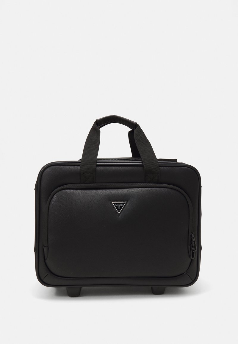 Valigetta nera realizzata in materiale sintetico texturizzato, dotata di due manici robusti, chiusura con zip e un logo triangolare sul davanti.