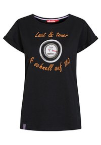 Sort kortærmet T-shirt med rund halsudskæring. Har et cirkelformet speedometer grafik og orange tekst. Lavet af bomuldsstof.