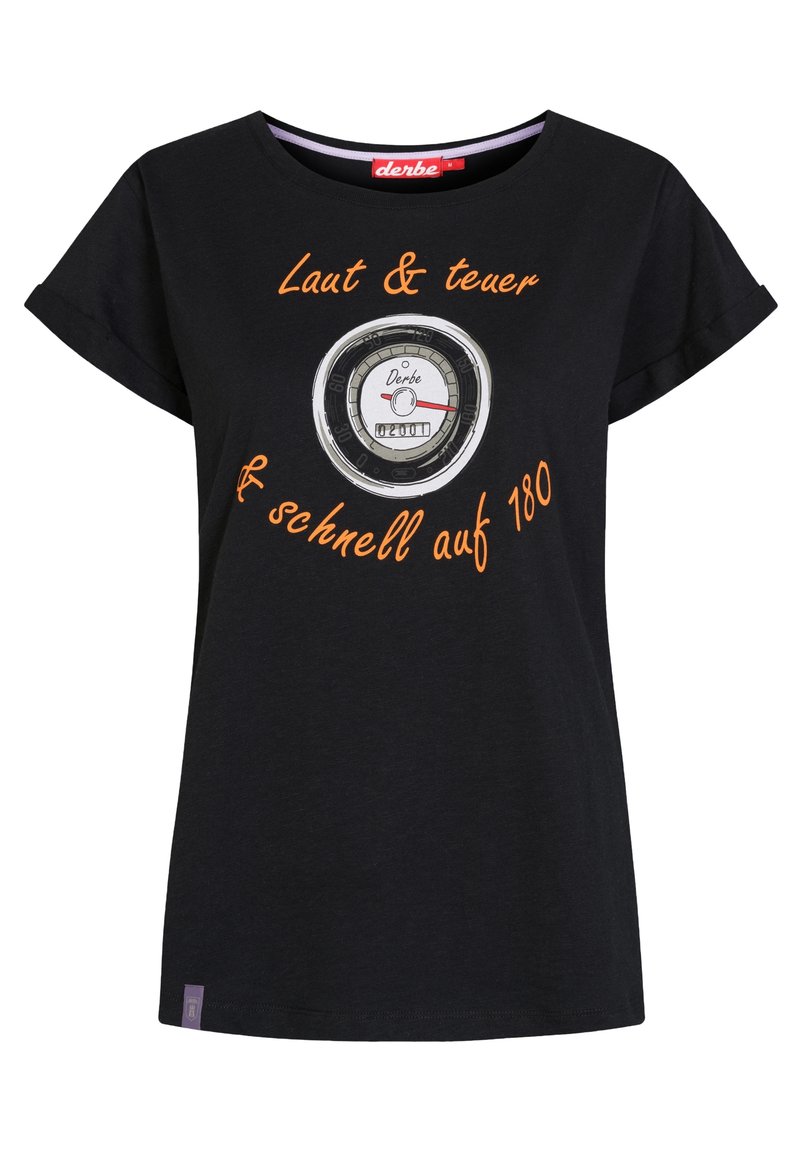 Sort kortærmet T-shirt med rund halsudskæring. Har et cirkelformet speedometer grafik og orange tekst. Lavet af bomuldsstof.
