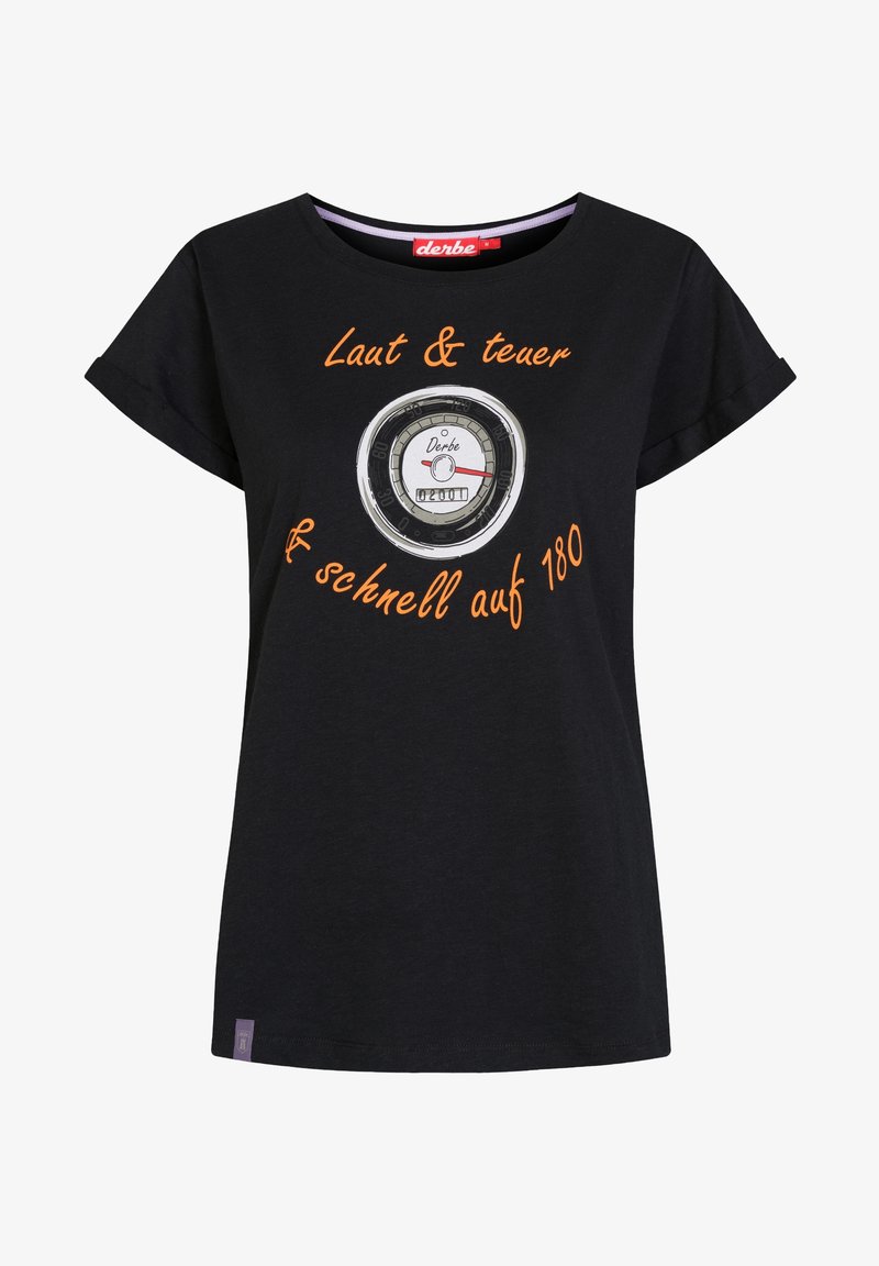 Sort kortærmet T-shirt med rund halsudskæring. Har et cirkelformet speedometer grafik og orange tekst. Lavet af bomuldsstof.
