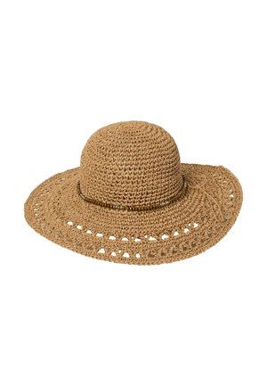 Wide-brimmed, tan woven straw hat with a rounded crown and decorative bead band around the base of the crown.