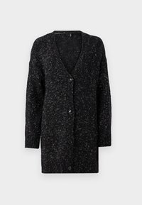 Svart cardigan med V-krage, långa ärmar och fem knapplåschningar. Stickad textur med vita inslag genom hela tyget.