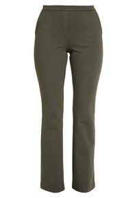 Olijfgroene, op maat gemaakte broek van een soepele stof, met een smalle taille, rechte pijpen en zonder zichtbare zakken of metalen onderdelen.