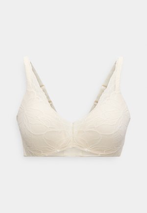 Spitzen-Bralette in Creme mit floralem Muster, V-Ausschnitt, breiten Trägern und einem glatten Rückenband für eine nahtlose Passform.