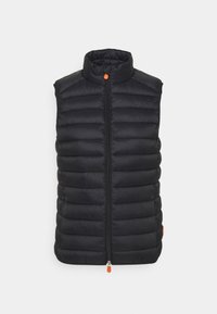 Sort polstret vest med ståkrave, lynlås i fuld længde og orange lynlåstræk, med horisontalt quiltet design og ærmeløs skæring.