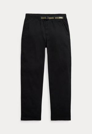 Black pants made of lightweight fabric, featuring an elastic waistband with an integrated green belt, straight-leg cut, and side pockets.