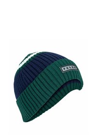 Cappello beanie in maglia a coste verde scuro e blu navy con un orlo ripiegato. Presenta un accento a righe bianche e un'etichetta del marchio nera.