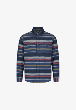 Granatowa koszula flanelowa w poziome paski w kolorach szarym, czerwonym i oliwkowym. Posiada dwie kieszenie na piersi oraz zapięcie na guziki. Długie rękawy.